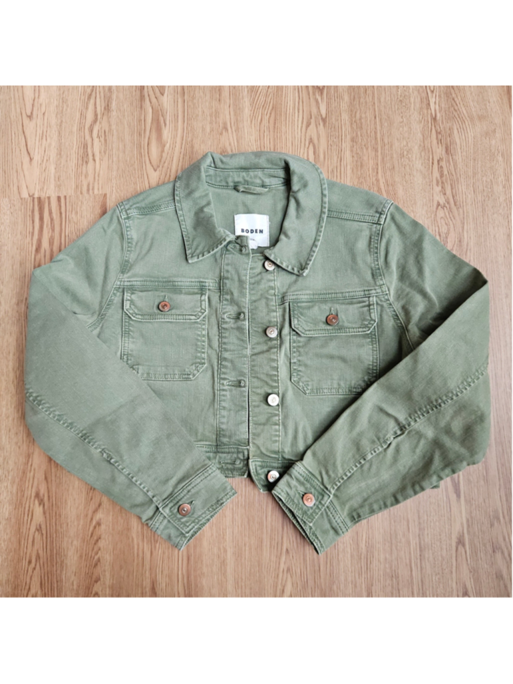 Boden Cropped Green Jean Denim Jacket Womens US 10 Casual Utility